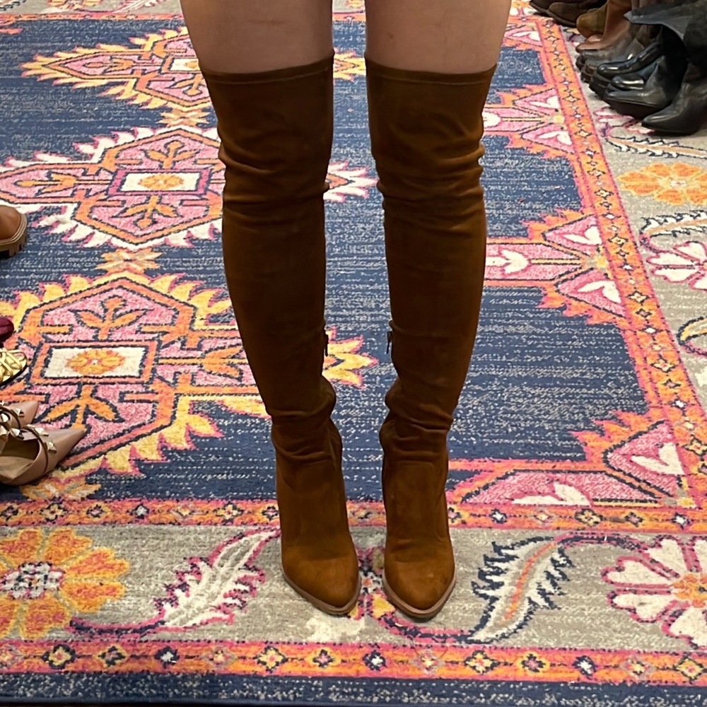 Original Nasty Gal Cognac Suede Over the Knee Boots with Laces